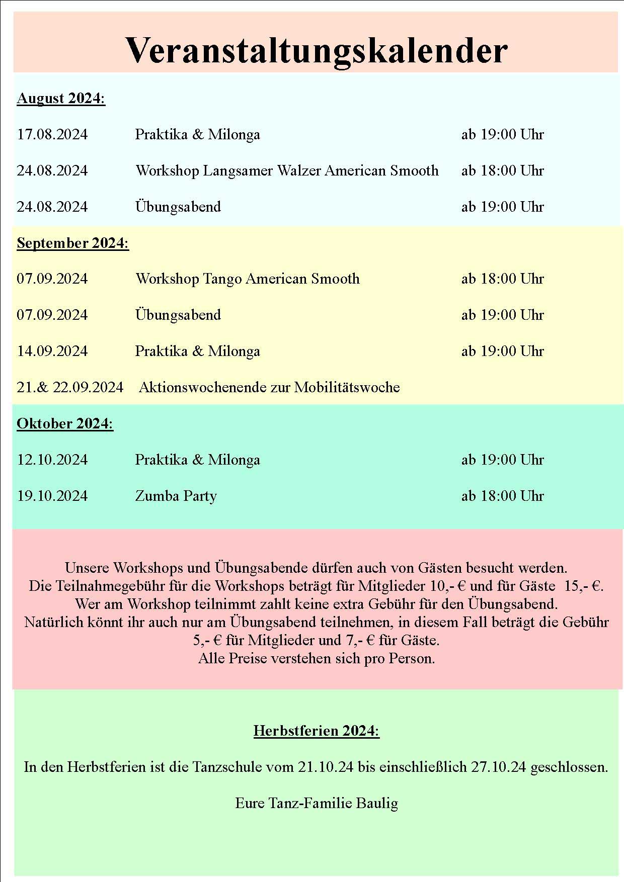 Tanzschule Baulig - Veranstaltungskalender 2022